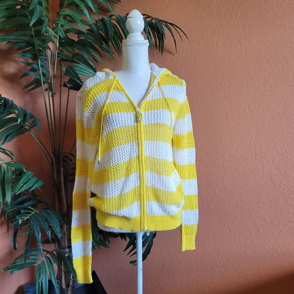 3/$25 Quacker Factory Open Knit Crochet Beach Sweater Hoodie Zipper Stripe Med - Picture 2 of 12